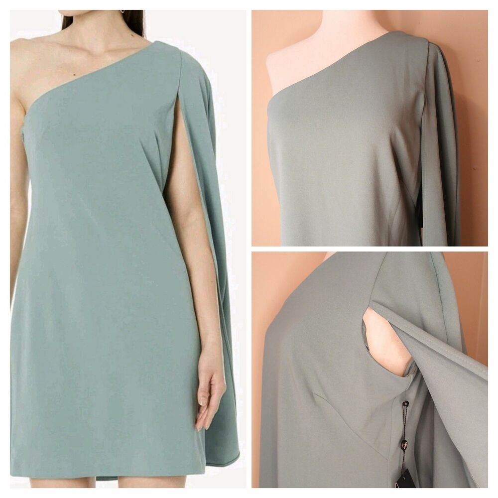 Adrianna Papell Dress Sz 12 Green One Shoulder Cape Mini Sheath w/ Stretch Crepe